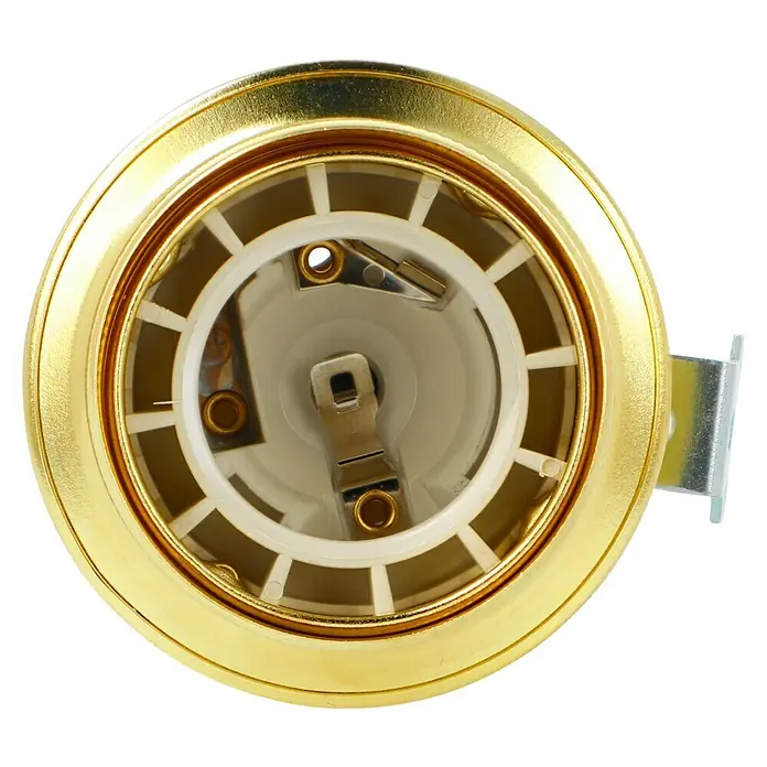 Voltomat Winkel-Lampenfassung mit Außengewindemantel - E27, Metall, Vermessingt, Max. Anschlussleistung: 60 W - Nahaufnahme eines goldenen Lampensockels mit weißem Innenleben und Metallklammern.