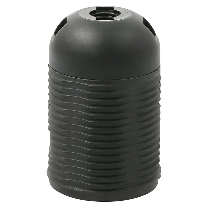 Voltomat Lampenfassung - E27, 60 W - Nahaufnahme einer schwarzen E27 Lampenfassung aus Kunststoff mit geriffelter Oberfläche, ideal für kreative Beleuchtungsprojekte.