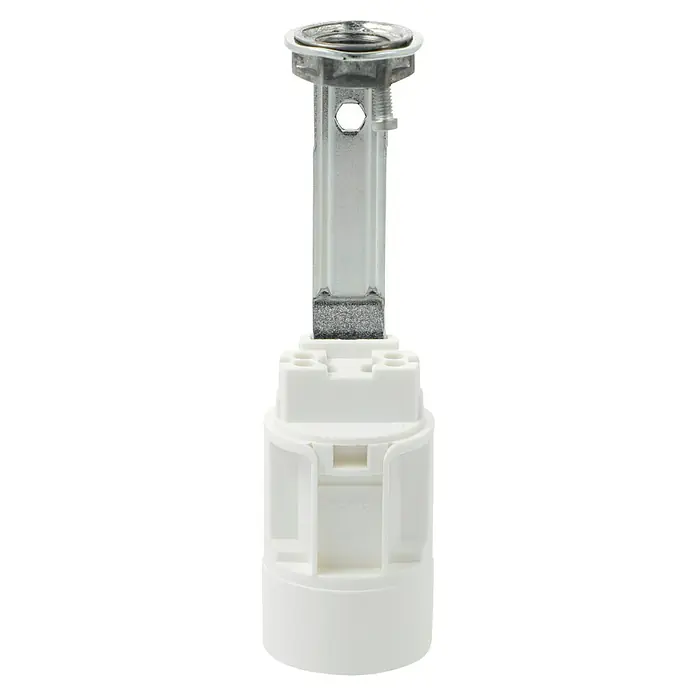 Voltomat Kerzenfassung E14 - E14, Höhe: 85 mm, Weiß, Max. Anschlussleistung: 40 W - Detailaufnahme eines Sanitärventils mit weißem Kunststoffgehäuse und silberfarbenem Metalleinsatz, isoliert vor schwarzem Hintergrund.