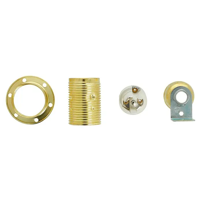 Voltomat Winkel-Lampenfassung mit Außengewindemantel - E14, Metall, Vermessingt, Max. Anschlussleistung: 60 W, Messing - Verschiedene Teile einer Lampenfassung, darunter eine goldene Rosette, ein goldener Korpus, ein weißer Einsatz und eine silberne Halterung.