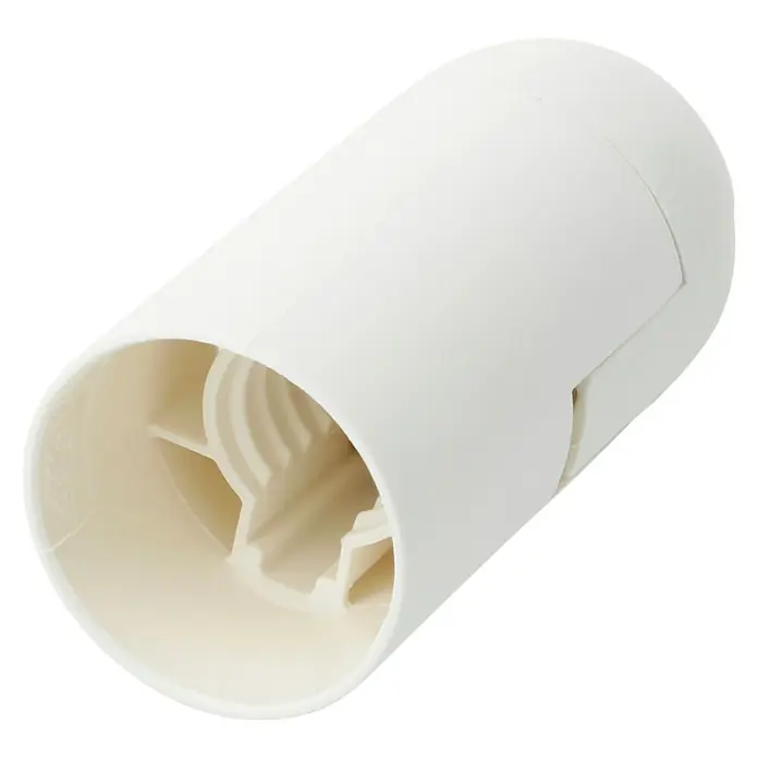 Voltomat Lampenfassung mit Glattmantel - E14, Weiß, Kunststoff, Max. Anschlussleistung: 60 W - Nahaufnahme einer weißen, zylindrischen Deo-Verpackung, die die innere Mechanik und das schlichte Design der Deo-Hülse zeigt.