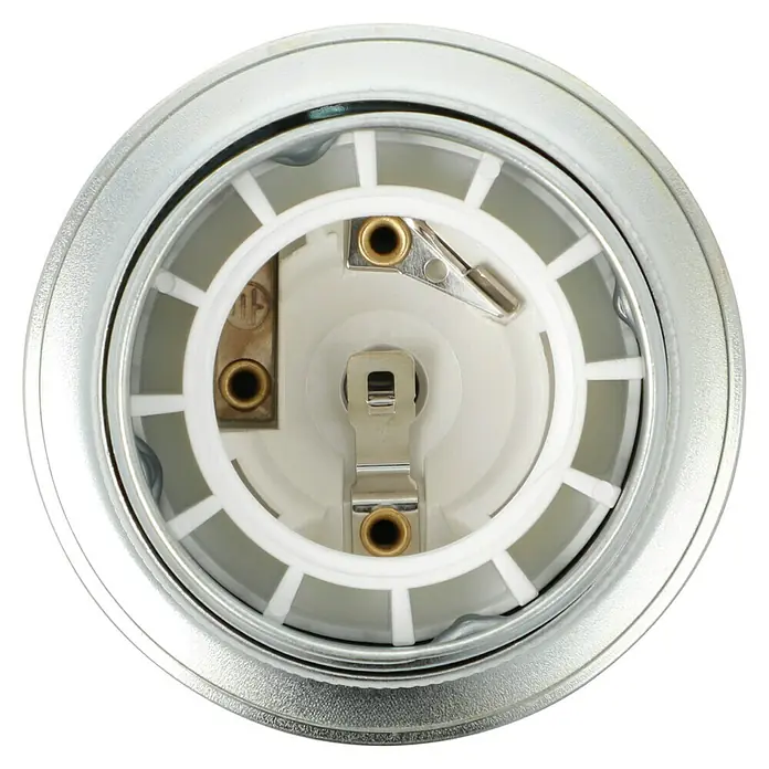 Voltomat Lampenfassung mit Außengewindemantel - E27, Metall, Max. Anschlussleistung: 60 W, Chrom - Nahaufnahme einer GU10 Lampenfassung mit Metalleinfassung, die ein Innenleben aus weißem Kunststoff und goldfarbenen Kontakten zeigt.