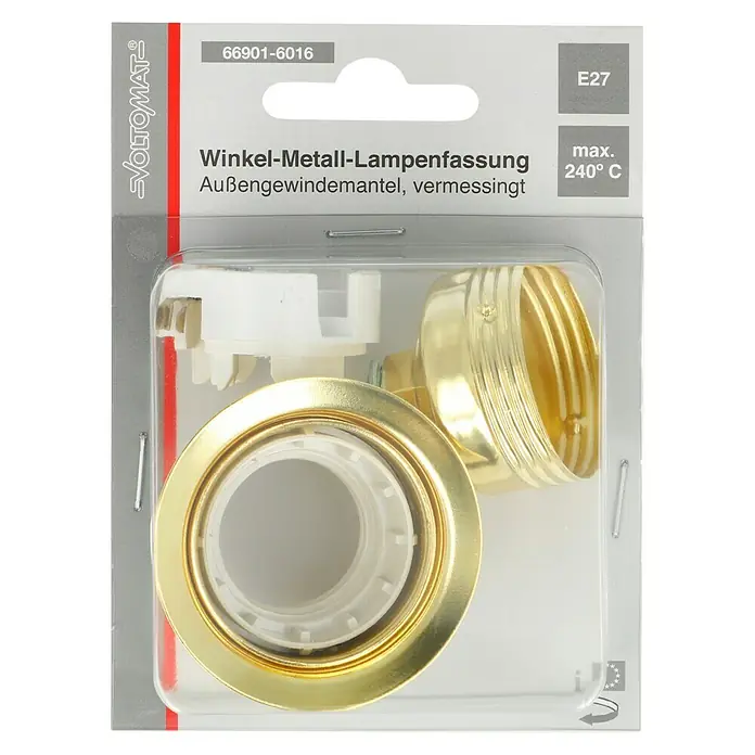 Voltomat Winkel-Lampenfassung mit Außengewindemantel - E27, Metall, Vermessingt, Max. Anschlussleistung: 60 W - Nahaufnahme einer Winkel-Metall-Lampenfassung mit Außengewindemantel, vermessingt, verpackt für den Verkauf.