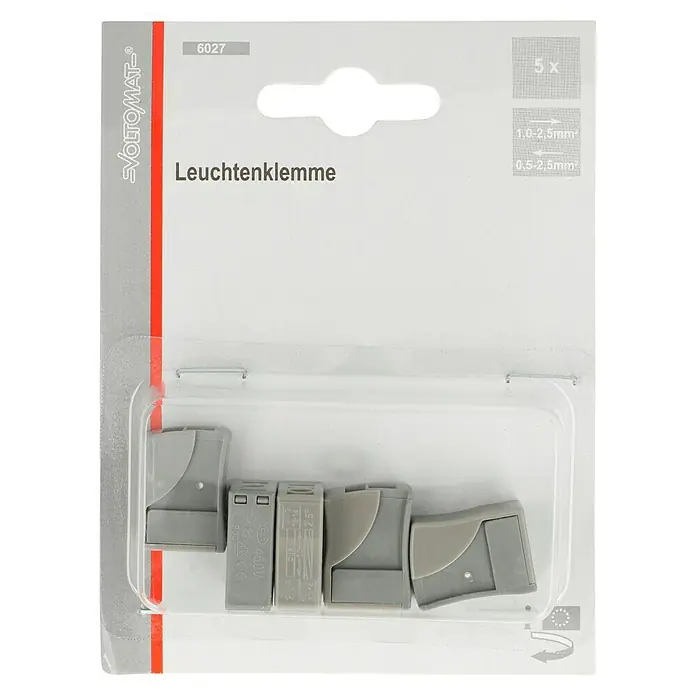 Voltomat Leuchtenklemme - Anzahl Leiter: 1 Stk., 0,5 mm² - 2,5 mm², 5 Stk. - Bild einer Leuchtenklemme von VOLTOMAT, die für die Verbindung von Beleuchtungskörpern verwendet wird. Das Produkt ist in einer transparenten Verpackung.