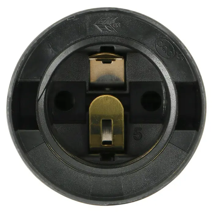 Voltomat Lampenfassung mit Glattmantel - E27, Schwarz, Kunststoff, 10 Stk., Max. Anschlussleistung: 60 W - Nahaufnahme einer schwarzen Lampenfassung mit Metalleinsätzen.