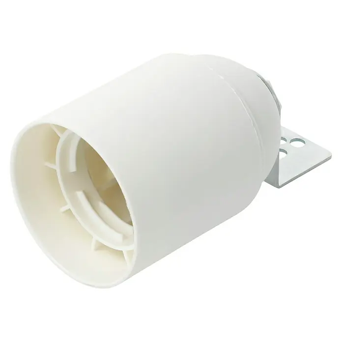 Voltomat Winkel-Lampenfassung mit Glattmantel - E27, Weiß, Thermoplast, Max. Anschlussleistung: 60 W - Weiße CCTV-Kamera mit Halterung zur Überwachung. Das Sicherheitsgerät ist für den Innenbereich geeignet.