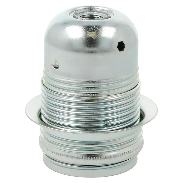 Voltomat Lampenfassung mit Außengewindemantel - E27, Metall, Max. Anschlussleistung: 60 W, Chrom - Nahaufnahme einer silbernen Lampenfassung, ideal für Beleuchtungsprojekte und kreative Lichtlösungen.