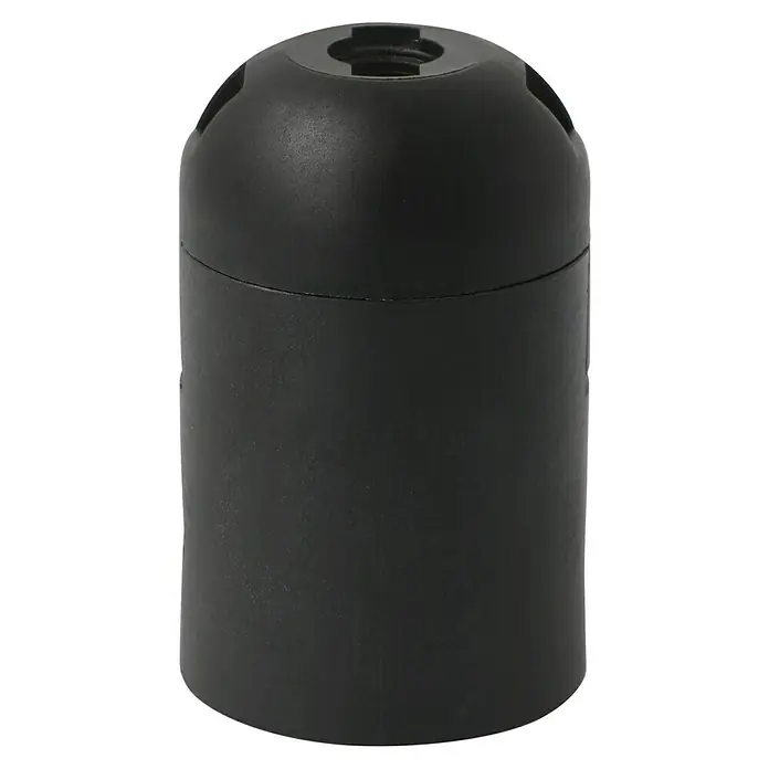 Voltomat Lampenfassung mit Glattmantel - E27, Schwarz, Kunststoff, 10 Stk., Max. Anschlussleistung: 60 W - Nahaufnahme einer schwarzen Lampenfassung mit einer Einkerbung oben, die ein schlichtes und funktionales Design zeigt.