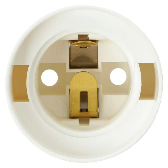 Voltomat Lampenfassung mit Glattmantel - E27, Weiß, Kunststoff, Max. Anschlussleistung: 60 W - Nahaufnahme einer weißen Lampenfassung mit Metalleinsätzen und Befestigungslöchern. Ideal für Lampenprojekte.