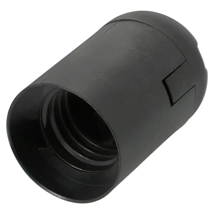 Voltomat Lampenfassung mit Glattmantel - E27, Schwarz, Kunststoff, 10 Stk., Max. Anschlussleistung: 60 W - Nahaufnahme einer schwarzen E27 Lampenfassung, die sich ideal für die Erstellung von Lampen eignet und eine sichere und einfache Montage ermöglicht.