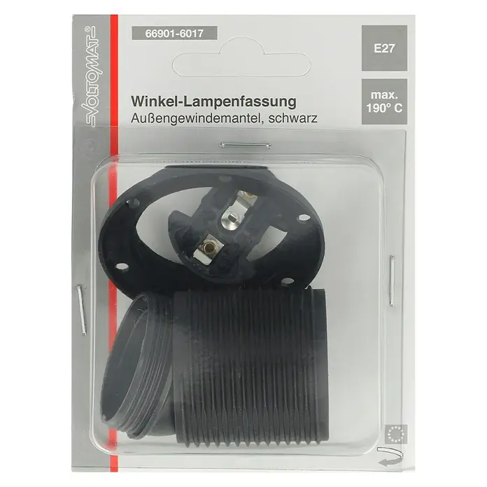 Voltomat Winkel-Lampenfassung mit Außengewindemantel - E27, Schwarz, Thermoplast, Max. Anschlussleistung: 60 W - Winkel-Lampenfassung von VOLTOMAT, Außengewindemantel, schwarz, max. 190° C, E27, ideal für den Innenbereich.