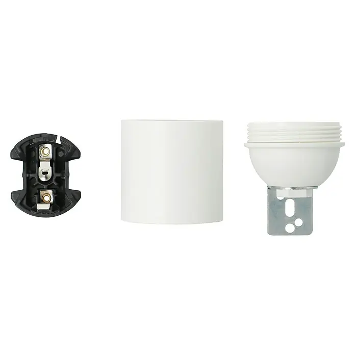 Voltomat Winkel-Lampenfassung mit Glattmantel - E27, Weiß, Thermoplast, Max. Anschlussleistung: 60 W - Nahaufnahme einer Lampenfassung, einem zylindrischen Lampenschirm und einer Montagehalterung für Lampen zur vielseitigen Verwendung.