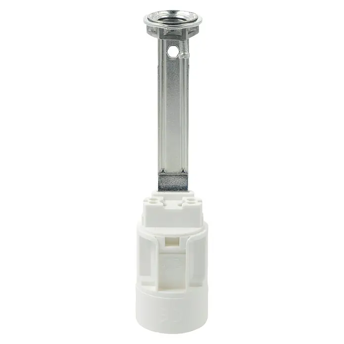 Voltomat Kerzenfassung E 14 - E14, Höhe: 100 mm, Weiß, Max. Anschlussleistung: 40 W - Nahaufnahme einer Lampenfassung mit einem Metallschaft und einem weißen Sockel. Das Produkt ist für die Installation von Leuchten konzipiert.