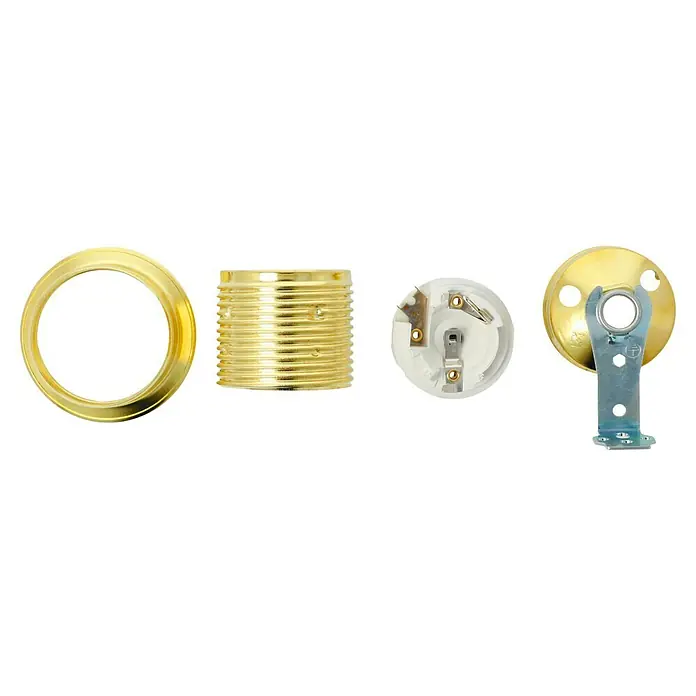 Voltomat Winkel-Lampenfassung mit Außengewindemantel - E27, Metall, Vermessingt, Max. Anschlussleistung: 60 W - Eine Nahaufnahme eines Lampensockel-Kits mit goldenem Ring, Gewindesockel, Keramikinnenleben und Montagehalterung, die die Komponenten zeigt.