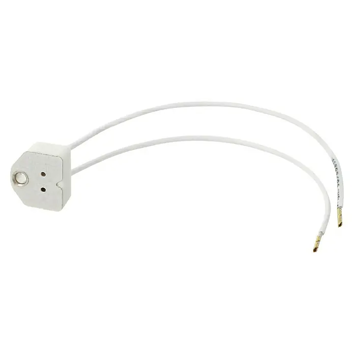 Voltomat Niedervolt-Halogen-Fassung - G5,3 - Aufnahme mit Anschlusskabeln. Keramikfassung mit zwei weißen Anschlusskabeln und Kabelschuhen für Halogen Metalldampflampen.