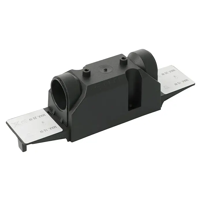Voltomat Möbeleinbaufassung 2-fach - E14, Schwarz - Schwarzes Produkt mit zylindrischer Öffnung, Aufklebern mit Wattangaben und Markierungen, ideal für diverse Anwendungen.