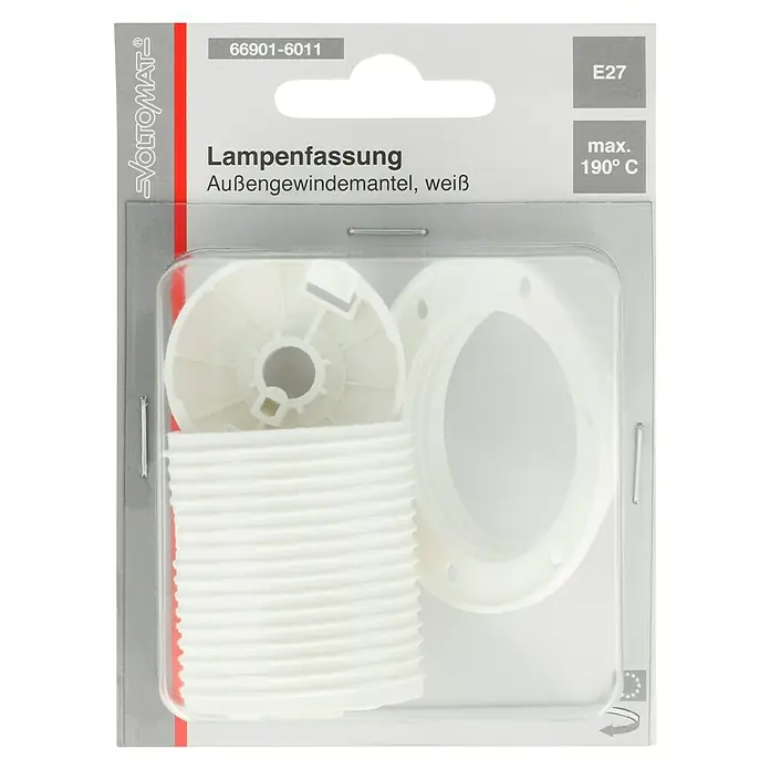 Voltomat Lampenfassung mit Außengewindemantel - E27, Weiß, Kunststoff, Max. Anschlussleistung: 60 W - Lampenfassung mit Außengewindemantel, weiß, für E27 Lampen. Maximal 190°C hitzebeständig. Perfekt für Reparaturen oder Neubauten.