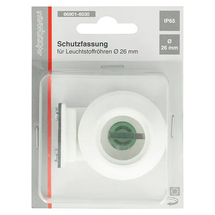 Voltomat Schutzfassung - Weiß, Kunststoff, IP65 - Schutzfassung für Leuchtstoffröhren Ø 26 mm in Verpackung. Die Fassung ist weiß und hat eine grüne Innenseite. IP65 Schutzart.