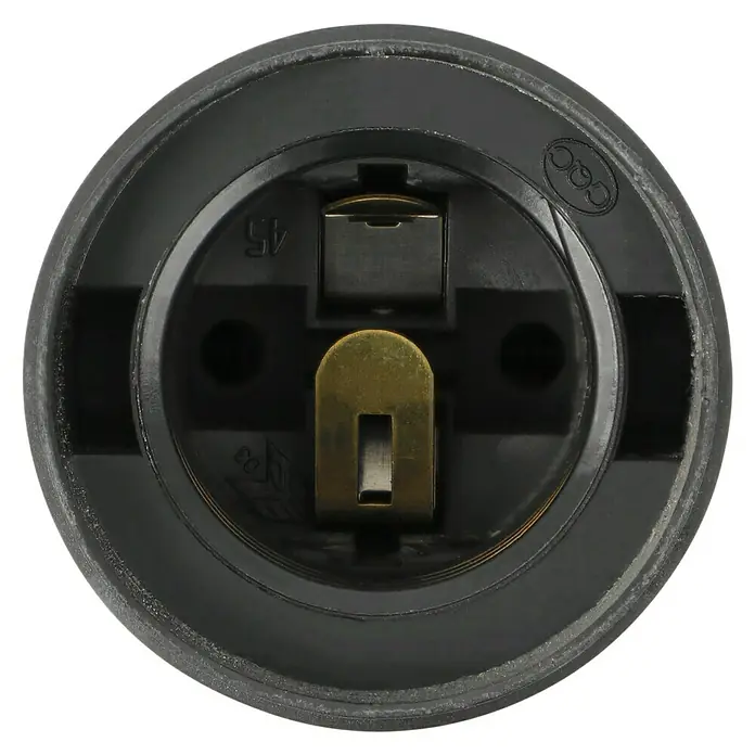 Voltomat Lampenfassung - E27, 60 W - Nahaufnahme einer schwarzen Lampenfassung mit Metalleinsätzen.