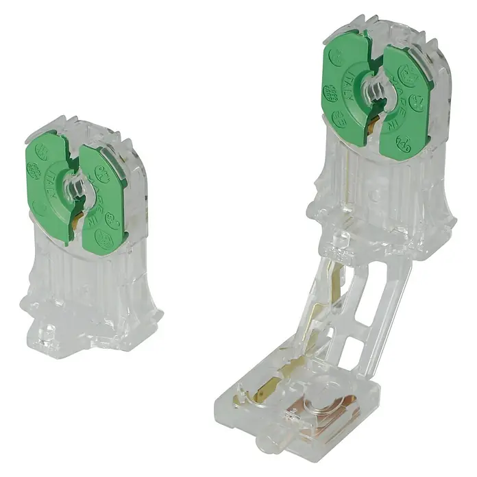 Voltomat Durchsteckfassung mit Starterfassung - G13 - Bild von zwei G24D Lampenfassungen, transparentem Gehäuse und grünem Einsatz, ideal für Leuchtstofflampen.