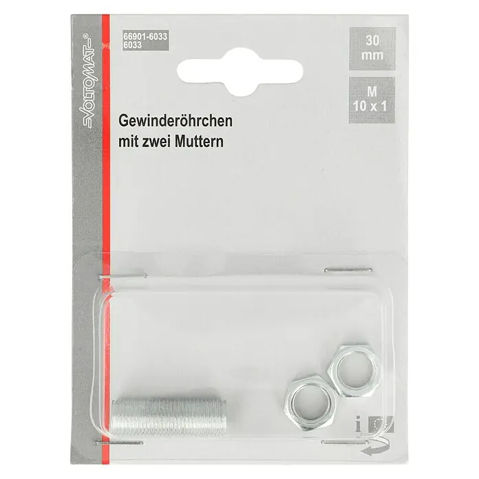 Voltomat Gewinderöhrchen M10x1 - 30 mm, Mit 2 Muttern - Produktabbildung: Gewinderöhrchen mit zwei Muttern.