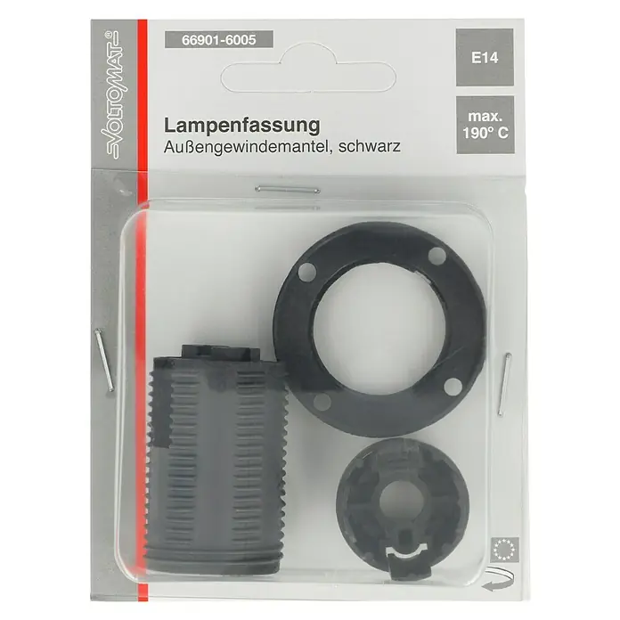 Voltomat Lampenfassung mit Außengewindemantel - E14, Kunststoff, Max. Anschlussleistung: 60 W, Schwarz - Produktabbildung einer schwarzen Lampenfassung E14 mit Außengewindemantel für maximale 190°C von VOLTOMAT.
