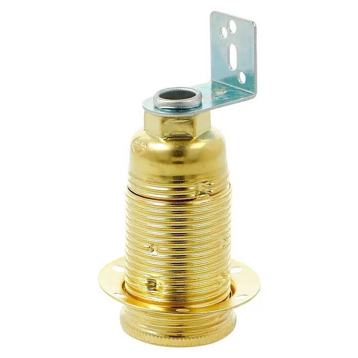 Voltomat Winkel-Lampenfassung mit Außengewindemantel - E14, Metall, Vermessingt, Max. Anschlussleistung: 60 W, Messing - Nahaufnahme einer goldenen Lampenfassung mit einer Metalleinfassung und einem Montagebügel für eine sichere Befestigung.