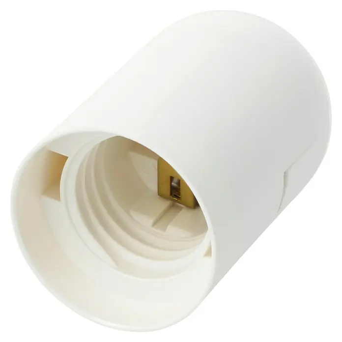 Anschluss-Set Lampen - Kabellänge: 3 m - Nahaufnahme einer weißen Lampenfassung mit goldenen Kontakten, ideal für Leuchtenbau und Reparaturen.