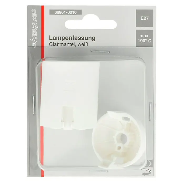 Voltomat Lampenfassung mit Glattmantel - E27, Weiß, Kunststoff, Max. Anschlussleistung: 60 W - Produktverpackung für eine weiße Glattmantel-Lampenfassung E27, geeignet für max. 190°C.