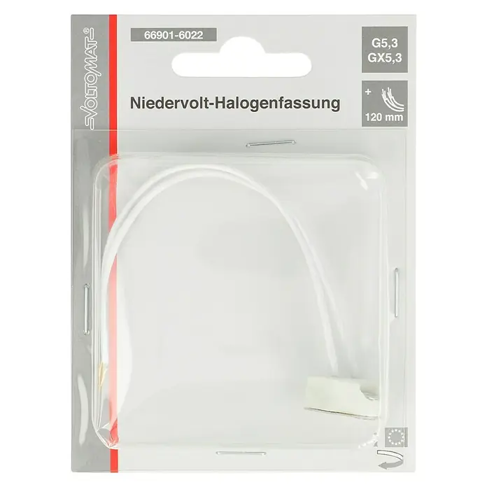 Voltomat Niedervolt-Halogen-Fassung - G5,3 - Eine Niedervolt-Halogenfassung G5,3/GX5,3 in einer transparenten Verpackung.