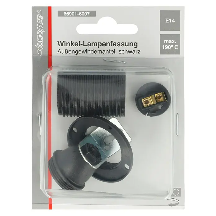 Voltomat Winkel-Lampenfassung mit Außengewindemantel - E14, Kunststoff, Max. Anschlussleistung: 60 W, Schwarz - Eine Winkel-Lampenfassung mit Außengewindemantel in Schwarz, perfekt für E14-Lampen und hitzebeständig bis 190°C.