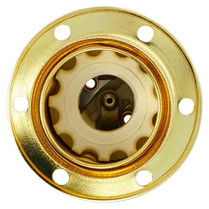 Voltomat Lampenfassung mit Außengewindemantel - E14, Metall, Vermessingt, Max. Anschlussleistung: 60 W, Messing - Nahaufnahme eines goldenen Vakuumröhrensockels mit komplexen inneren Details und Befestigungslöchern.
