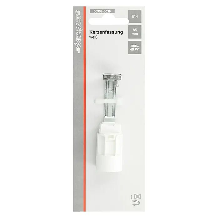 Voltomat Kerzenfassung E14 - E14, Höhe: 85 mm, Weiß, Max. Anschlussleistung: 40 W - Abbildung einer weißen Voltomat Kerzenfassung E14 mit 85mm Länge und maximal 40W Leistung, ideal für Leuchten.