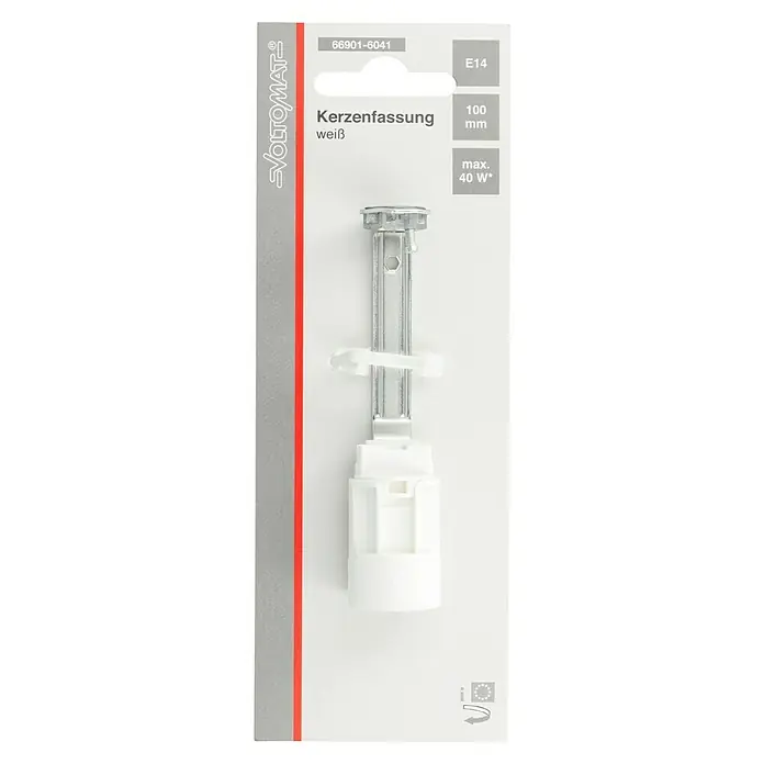 Voltomat Kerzenfassung E 14 - E14, Höhe: 100 mm, Weiß, Max. Anschlussleistung: 40 W - Abbildung einer weißen Volotomat E14 Kerzenfassung mit Metalleinsatz, geeignet für max. 40W, in schlanker Verpackung mit rotem Akzentstreifen.