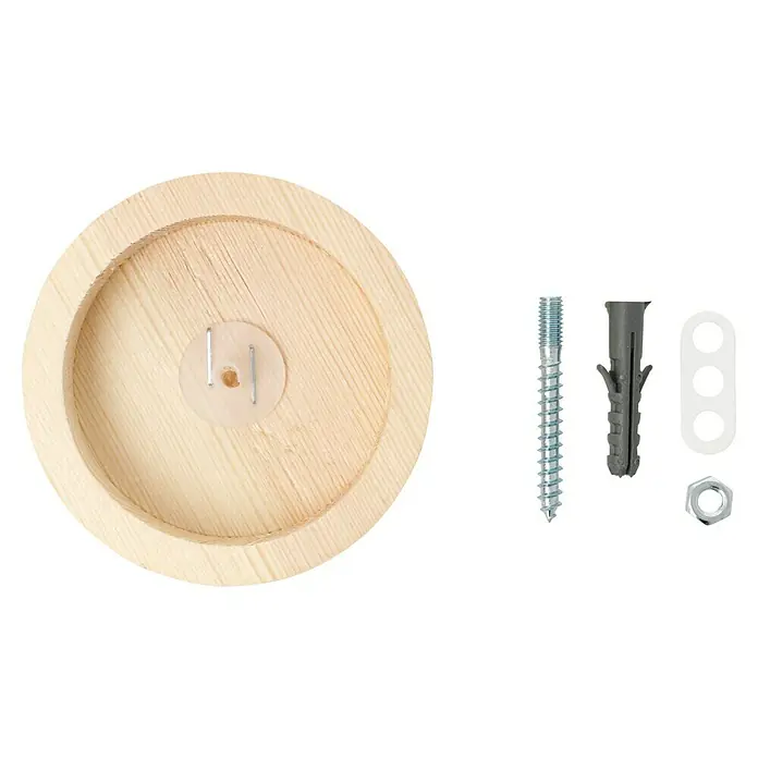 Voltomat Verteilerbaldachin - 1-fach, Kiefer, Holz, 80 mm - Nahaufnahme eines Holzmöbelknaufs mit Befestigungsmaterial. Ideal für DIY-Projekte und Möbelrenovierungen.