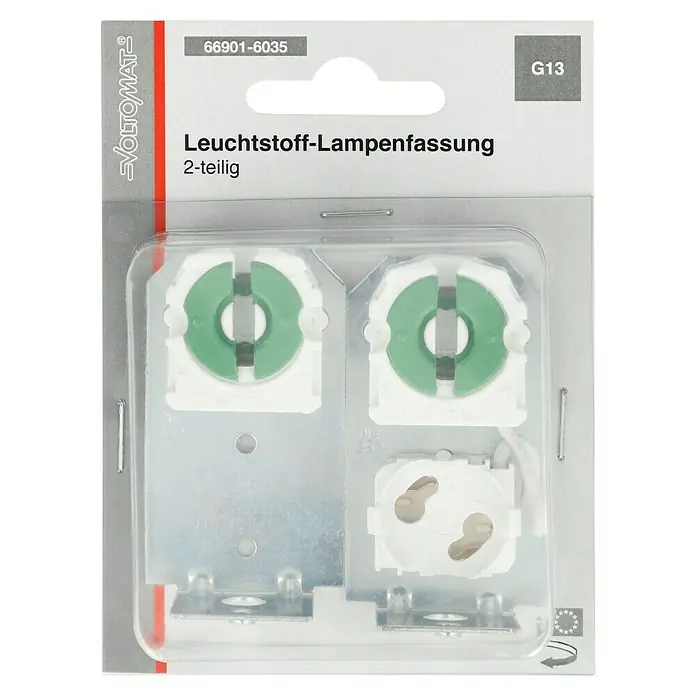 Voltomat Lampenfassung Leuchtstoff - G13, Weiß, Kunststoff - Ein Blisterpack mit einer Leuchtstofflampenfassung, bestehend aus zwei Teilen für G13 Leuchtstoffröhren, ideal für die Installation.