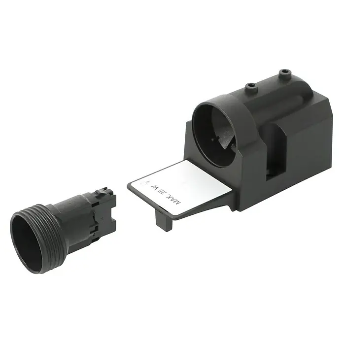 Voltomat Möbeleinbaufassung 1-fach - E14, Schwarz, Max. Anschlussleistung: 25 W - Nahaufnahme einer schwarzen Lampenfassung mit einem rechteckigen Aufkleber mit der Aufschrift "MAX. 25 W".