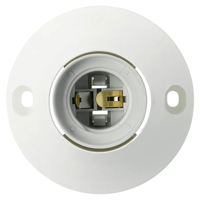 Wandfassung schräg - E27, Weiß, Material: Kunststoff, Max. Anschlussleistung: 60 W - Nahaufnahme einer weißen E27-Lampenfassung mit goldfarbenen Kontakten, ideal für den Deckenanbau und für Leuchtenprojekte.