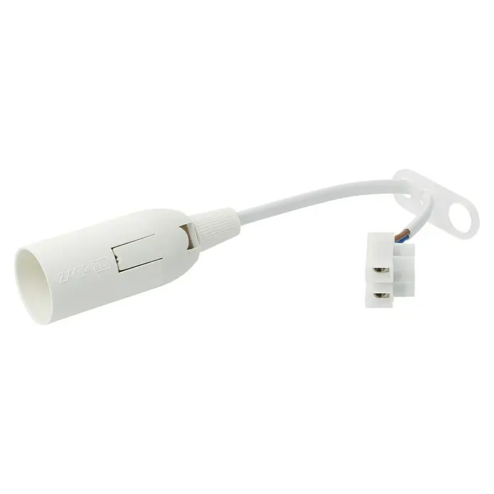 Lampenfassung mit Kabel & Klemme - E14, Weiß, Kunststoff - Nahaufnahme einer weißen Lampenfassung mit Kabel und Anschlussklemme, ideal für Beleuchtungsprojekte und einfache Installation.