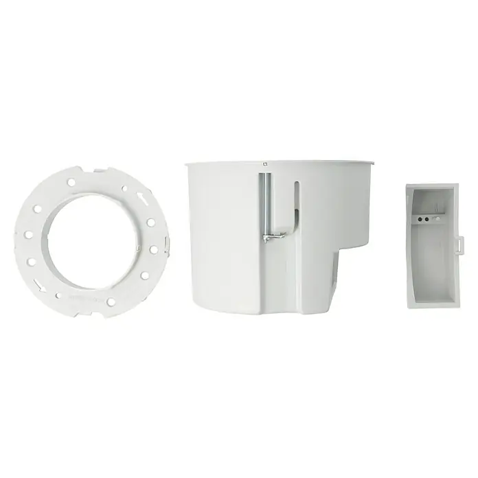 Kaiser Hohlwanddose Einbaugehäuse ThermoX® Gehäuse 9300-01 - Grau - Drei weiße Produkte: Eine Montageplatte, ein Gehäuse und ein Gehäuse mit Tür. Zur Verwendung in der Elektroinstallation und Gebäudeautomatisierung.