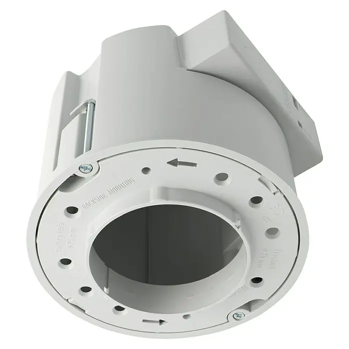 Kaiser Hohlwanddose Einbaugehäuse ThermoX® Gehäuse 9300-01 - Grau - Nahaufnahme der runden, weißen Wandhalterung einer Überwachungskamera mit Beschriftungen und Befestigungslöchern.