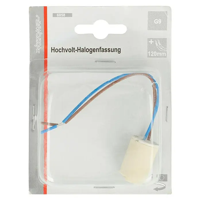Hochvolt-Halogen-Fassung - G9 - Verpackte Hochvolt-Halogenfassung G9 mit blauen und braunen Drähten, bereit für die Installation.