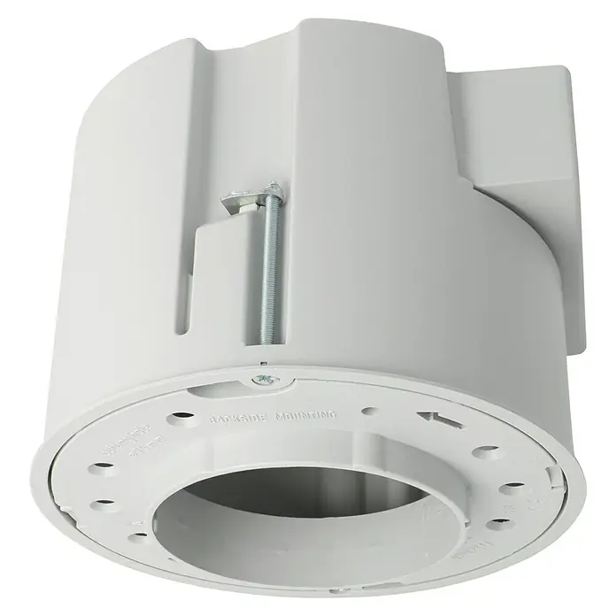 Kaiser Hohlwanddose Einbaugehäuse ThermoX® Gehäuse 9300-01 - Grau - Nahaufnahme einer weißen Montagehalterung für eine Kamera. Befestigung für eine diskrete und professionelle Installation.