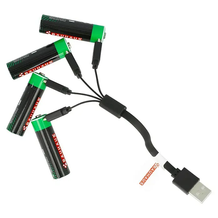 BAUHAUS Akku-Batterien USB-C - Mignon AA, Li-Ionen, 4 Stk. - USB-Ladegerät für Akkus der Marke Bauhaus, das vier Akkus gleichzeitig aufladen kann. Praktisch und effizient.