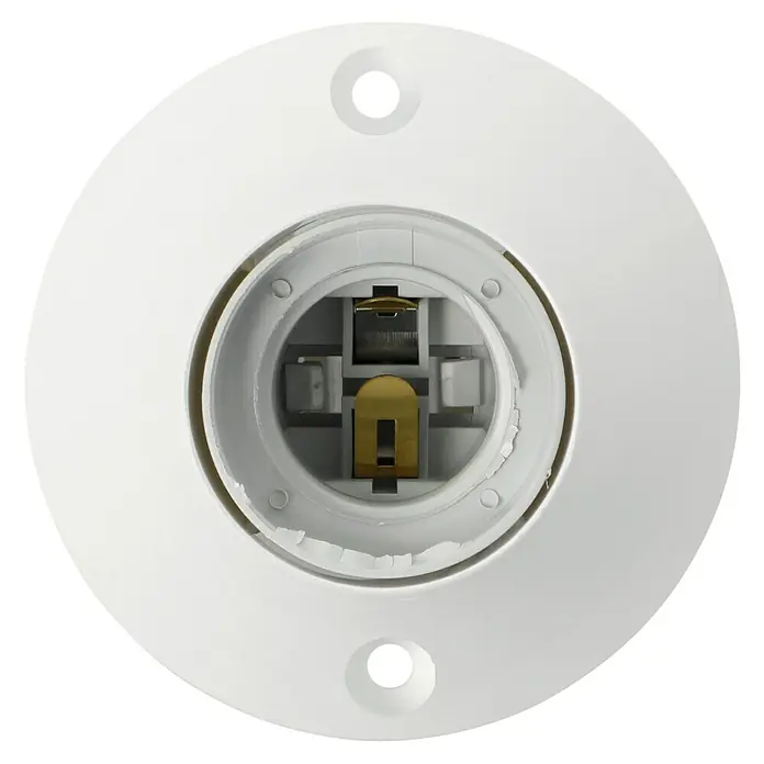 Wandfassung - E27, Weiß, Material: Kunststoff, Max. Anschlussleistung: 60 W - Nahaufnahme einer weißen Lampenfassung mit Metalleinsätzen, die eine klare und moderne Ästhetik für Beleuchtungslösungen bietet.