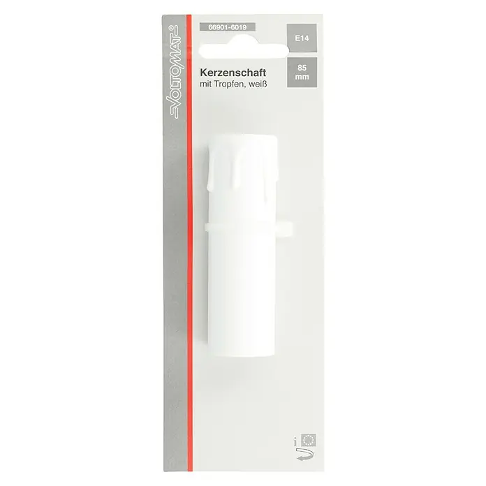 Voltomat Kerzenschaft mit Tropfen - E14, Länge: 85 mm, Weiß - Ein Voltolmat Kerzenschaft mit Tropfen, in Weiß und der Größe E14 und einer Länge von 85 mm, wird in einer Produktverpackung gezeigt.