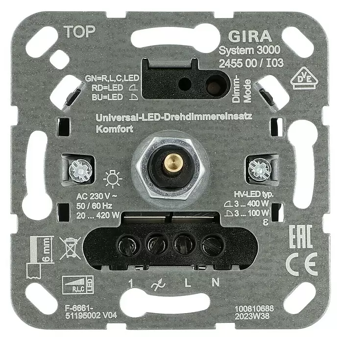 Gira LED-Dimmer System 3000 245500 - 420 W - Graues Metall Universal-LED-Drehdimmermodul mit schwarzen Komponenten und Anschlussklemmen.