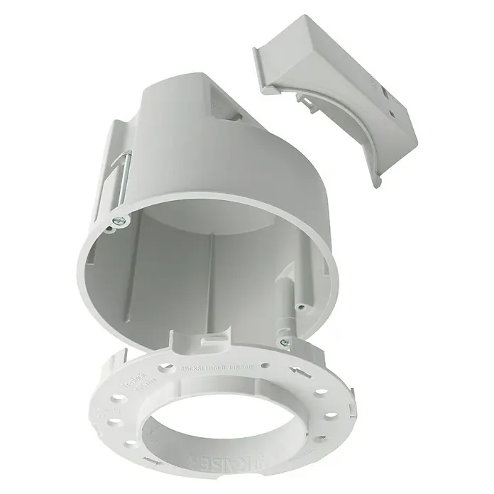 Kaiser Hohlwanddose Einbaugehäuse ThermoX® Gehäuse 9300-01 - Grau - Nahaufnahme einer Kaiser Unterputzdose, die für Elektroinstallationen verwendet wird. Die Dose ist in Einzelteile zerlegt.