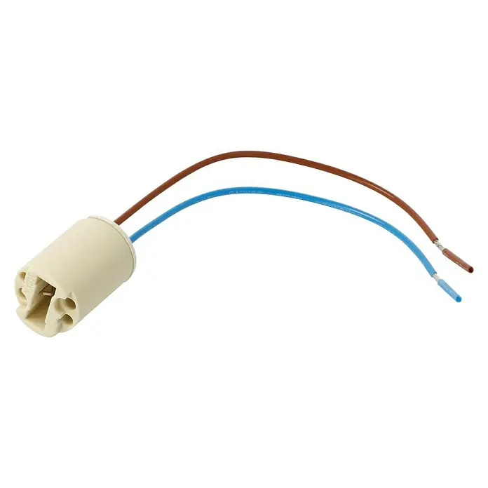 Hochvolt-Halogen-Fassung - G9 - Detailaufnahme einer G4-Lampenfassung mit blauen und braunen Anschlusskabeln auf schwarzem Hintergrund. Ideal für Beleuchtungsprojekte.