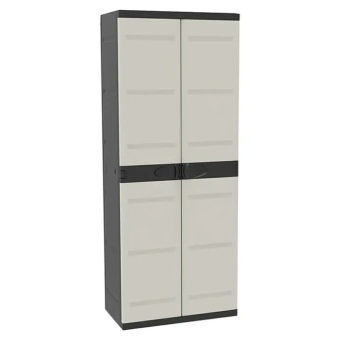 Plastiken Titanium Armario multiusos de plástico - L x An x Al: 44 x 70 x 176 cm, Número de puertas: 2 ud., Gris/Negro - Armario de plástico gris para exteriores con dos puertas y detalles negros, ideal para soluciones de almacenamiento exterior.